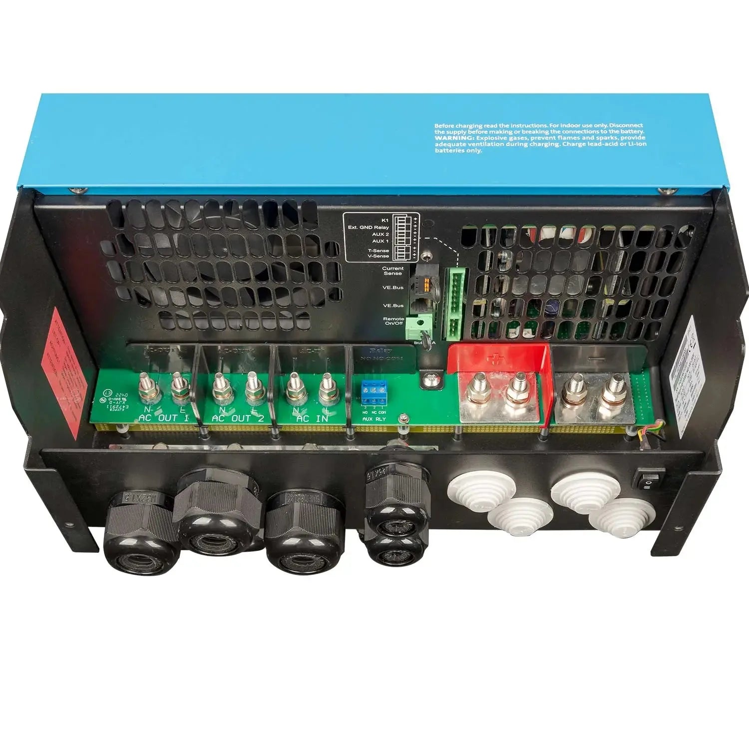 Top-down view of Victron MultiPlus-II inverter charger showing internal circuitry, green terminal board, cooling fans, and co