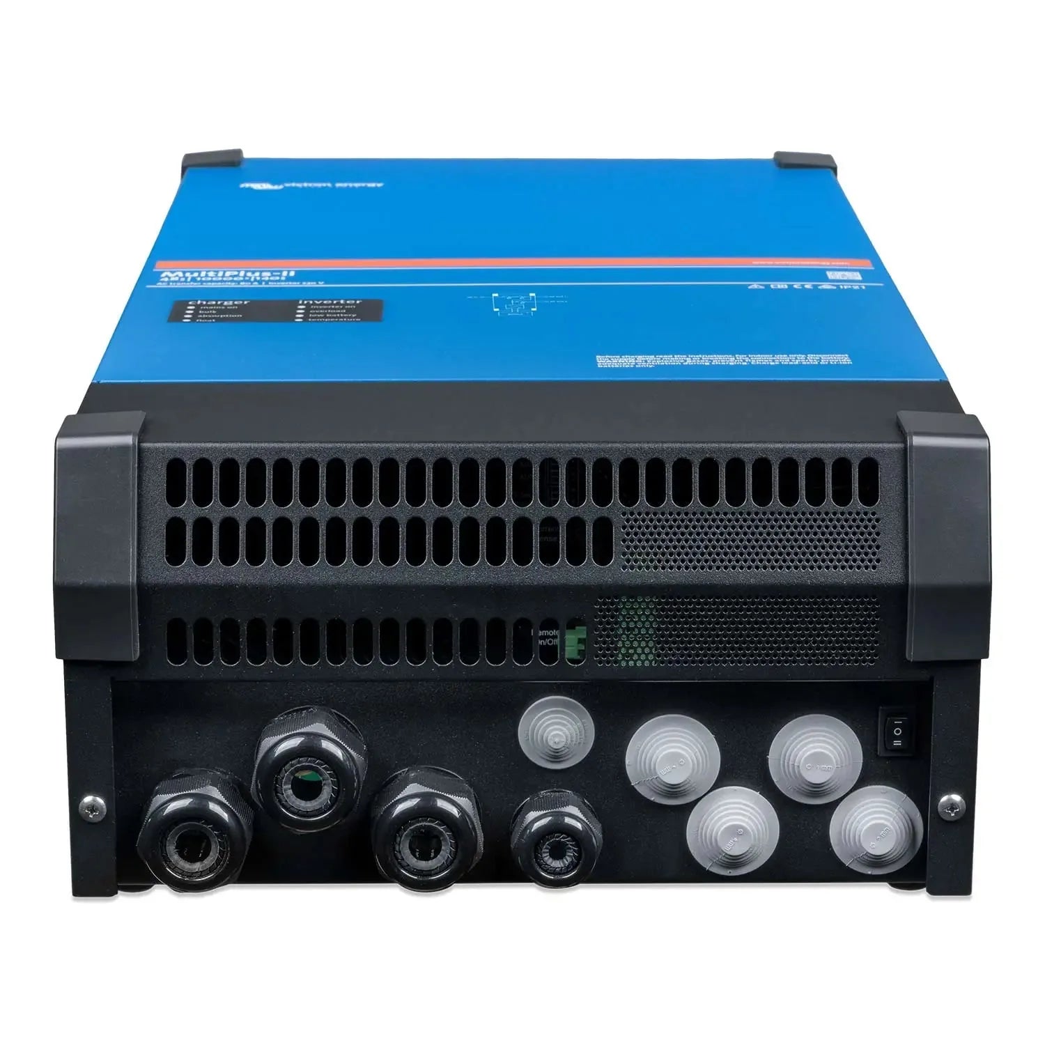 Victron MultiPlus-II inverter charger, front view showing blue top panel, black ventilated housing, and input/output connecto