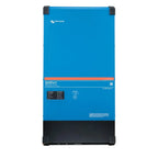 Victron Energy MultiPlus-II blue and black inverter charger unit with status indicators and technical diagram on lower panel.