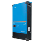 Victron MultiPlus-II inverter charger, blue and black wall-mounted unit with display screen and specification labels.