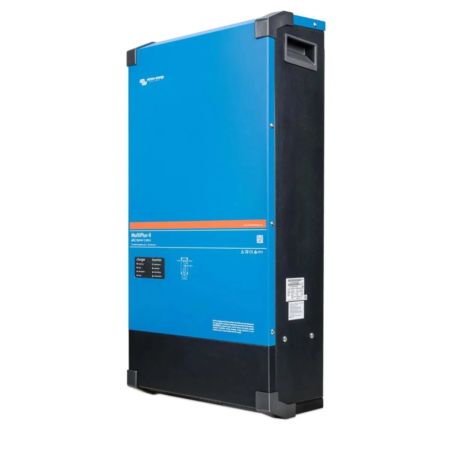 Victron MultiPlus-II inverter charger, blue and black wall-mounted unit with display screen and specification labels.