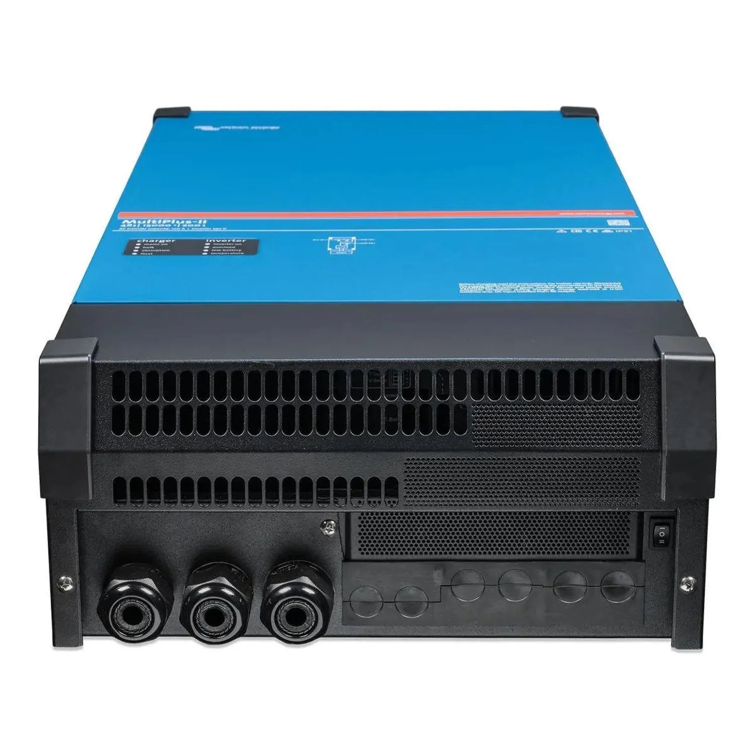 Victron MultiPlus-II inverter charger, front view showing blue top panel, black chassis, ventilation grilles, and three input