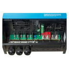 Interior view of Victron MultiPlus-II inverter showing circuit boards, terminal connectors, and cooling fans.