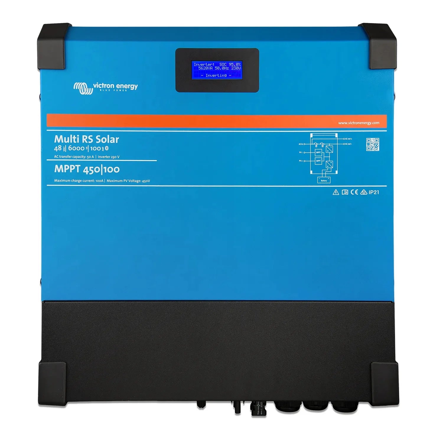 Victron Energy Multi RS Solar inverter charger, blue and black front panel with LCD display and specification labels.