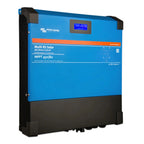 Blue and black Victron Energy Multi RS Solar inverter charger with display screen and orange accent stripe, product shot on w