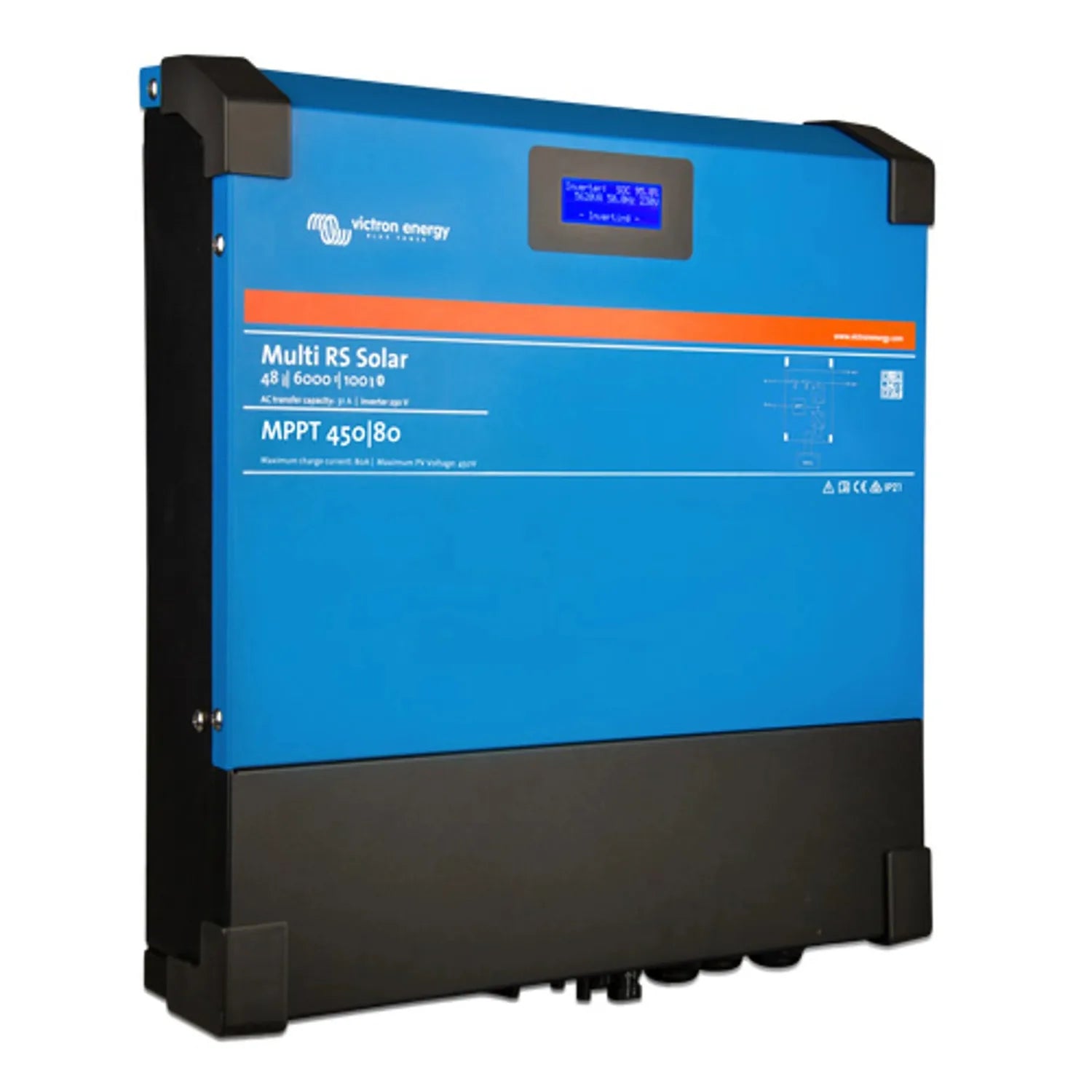 Blue and black Victron Energy Multi RS Solar inverter charger with display screen and orange accent stripe, product shot on w
