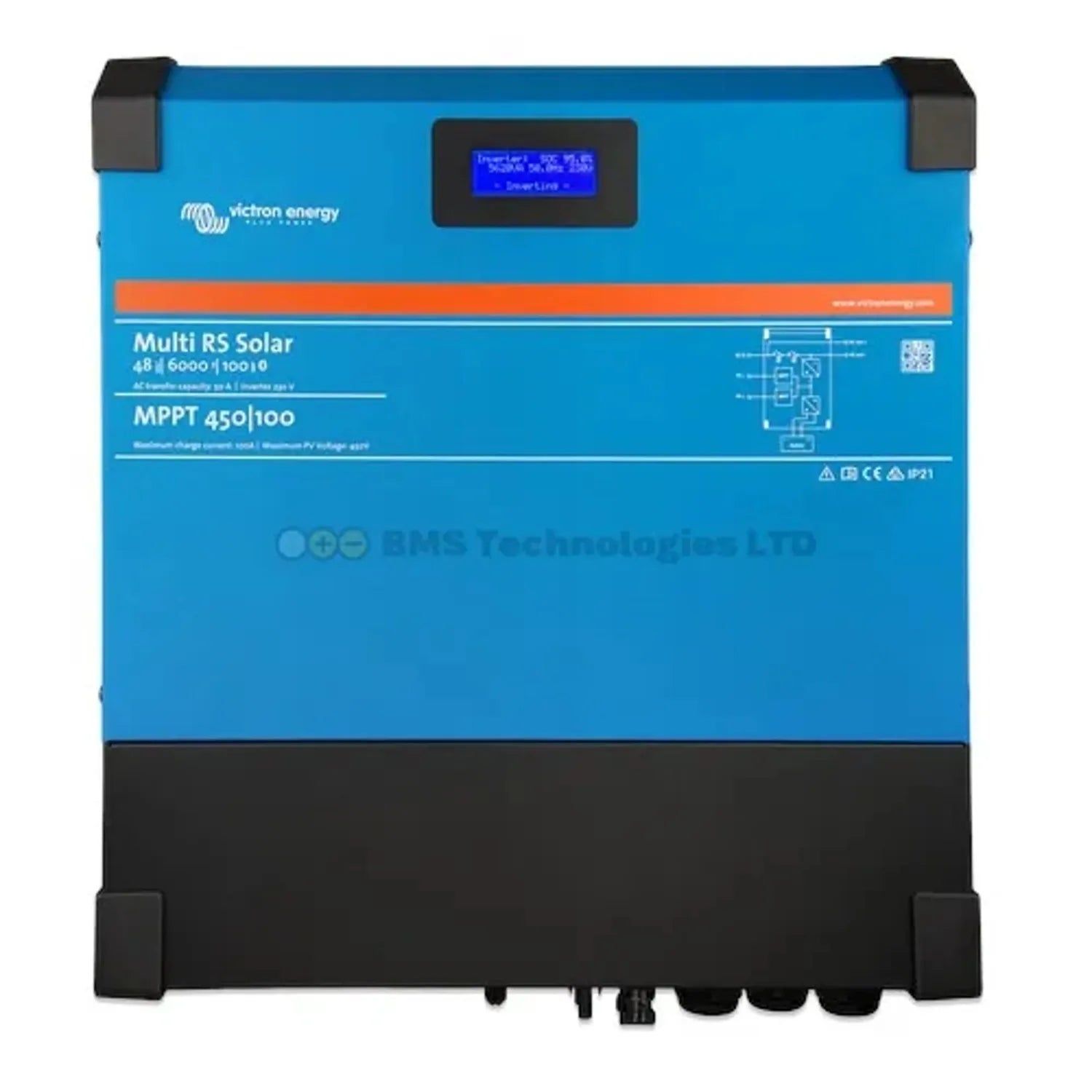 Victron Energy Multi RS Solar inverter charger with blue case, digital display, and black base, front product view.