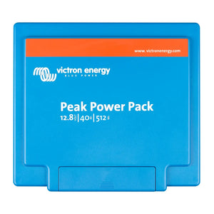 Victron Energy Peak Power Pack 12.8V/40Ah lithium battery with blue casing and orange header stripe.
