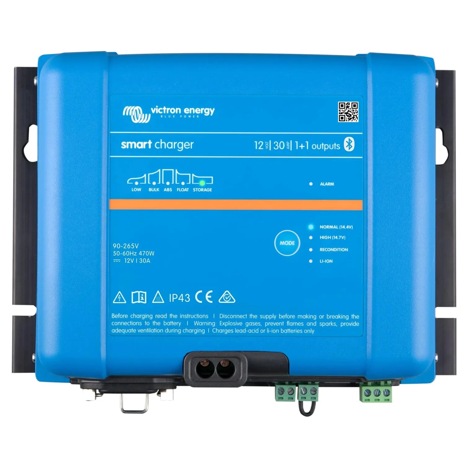 Victron Energy blue smart charger with 12V 30A output, front view showing mode button, status indicators, and terminal connec