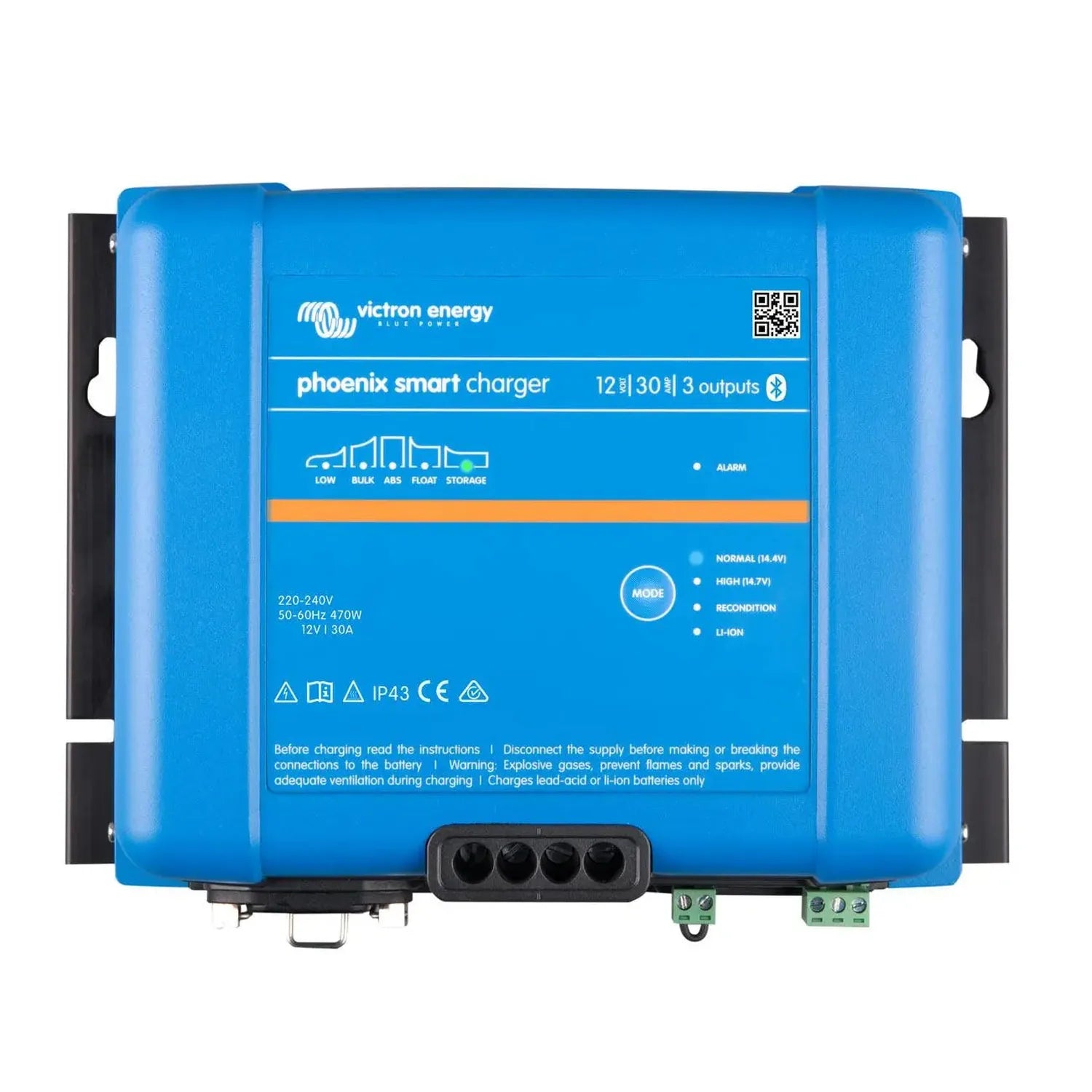 Victron Energy Phoenix Smart Charger 12V/30A, blue rectangular device with black mounting brackets and terminal connections v