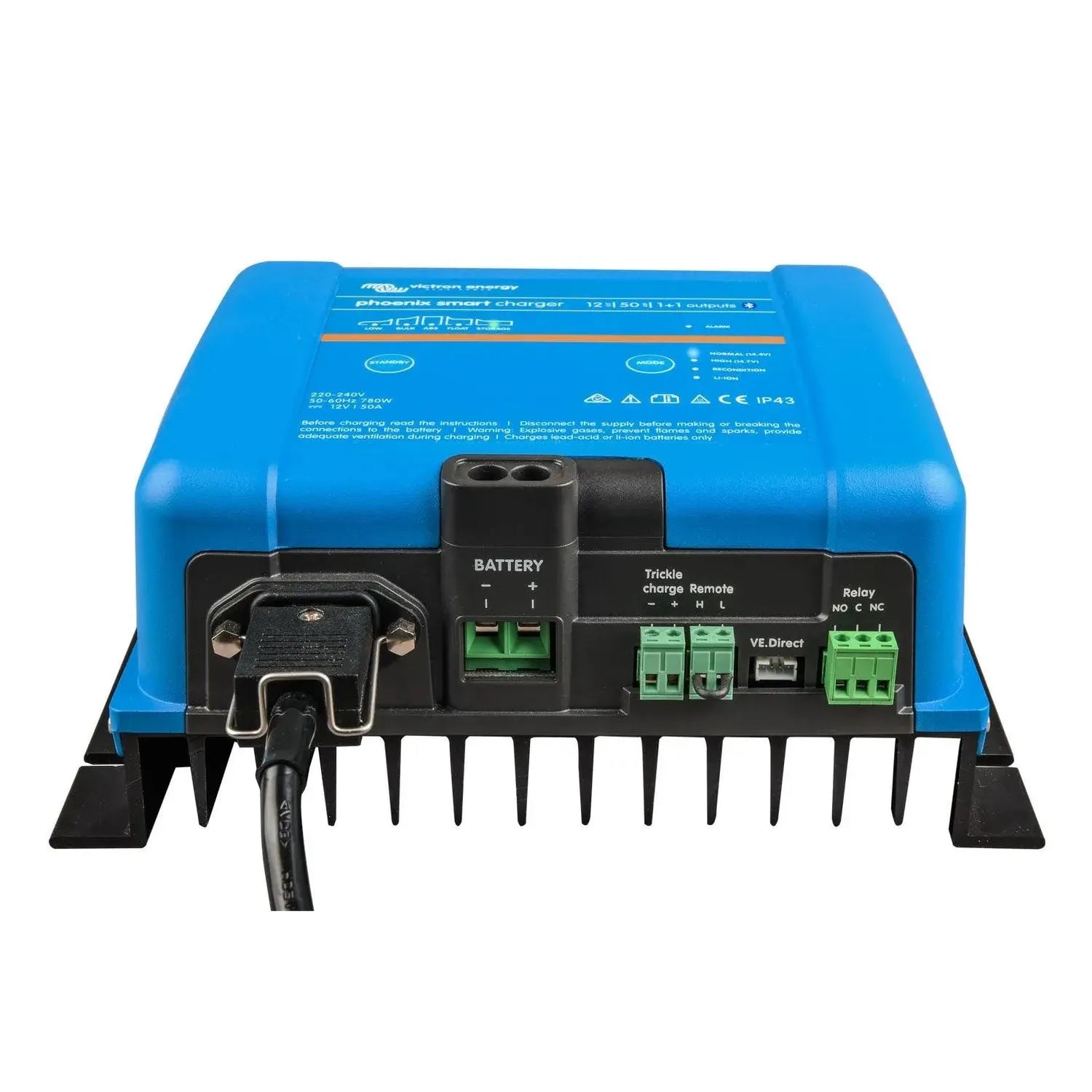 Blue Victron smart charger with black control panel, battery terminals, green terminal blocks, and power cable, bottom view.