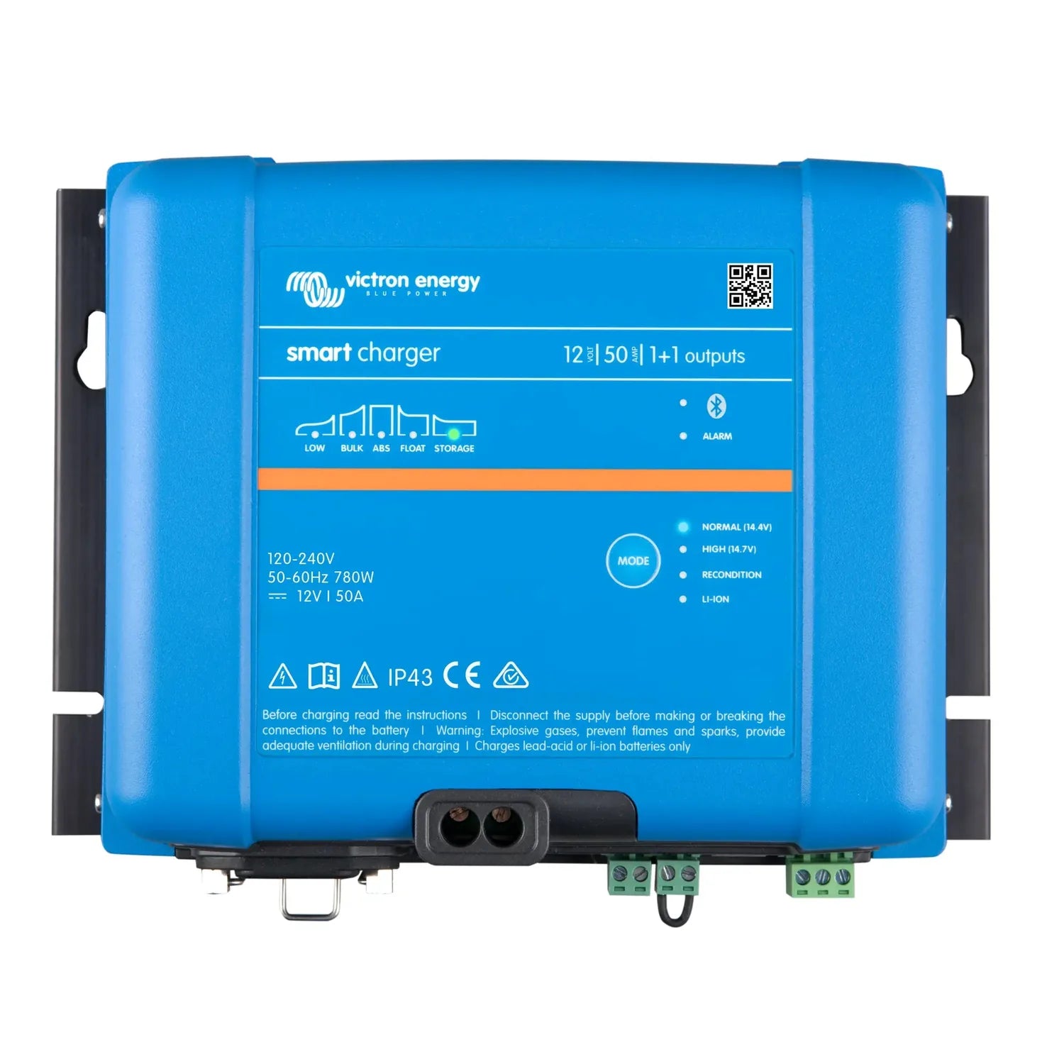 Victron Energy Smart Charger 12/50 blue front panel with charging modes, specifications, and terminal connections visible.