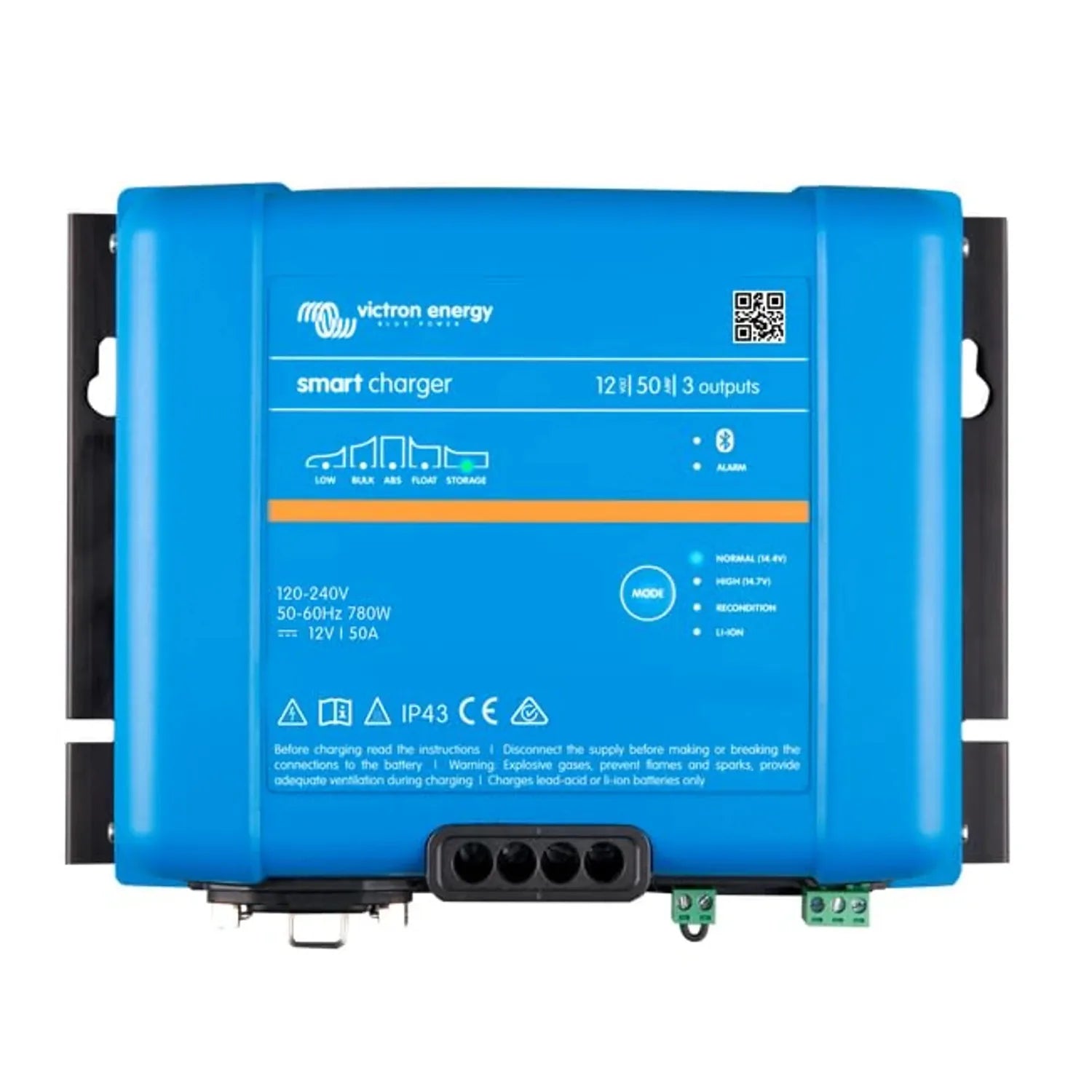Victron Energy blue smart charger 12/50 with 3 outputs, front view showing specifications and control panel with mode button 