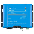 Victron Energy blue smart charger device with black mounting brackets, front view showing control panel with MODE button and 