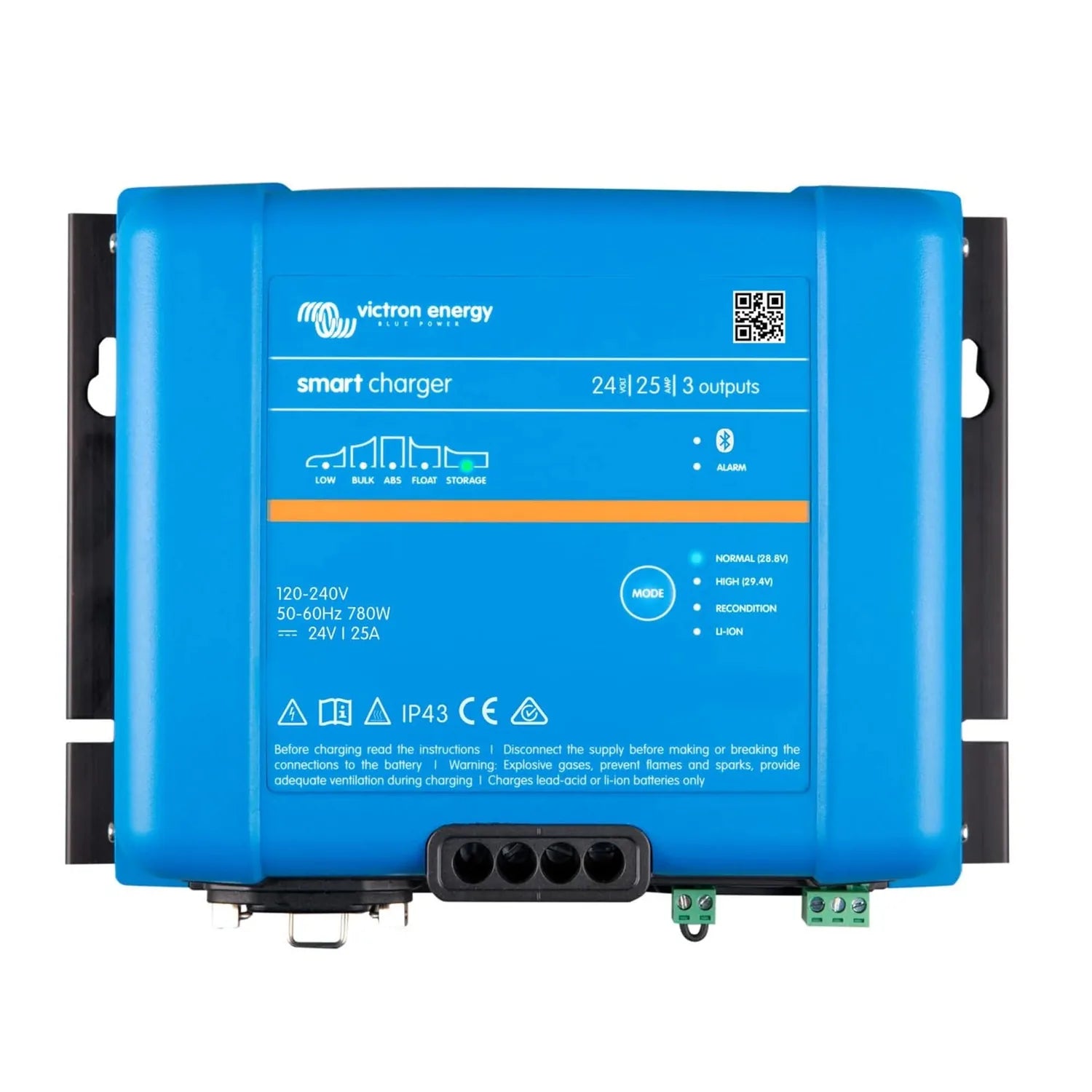 Victron Energy blue smart charger 24/25/3 outputs, front view showing specifications and connection terminals.