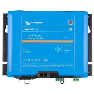 Victron Energy blue smart charger with black mounting brackets and green terminal connectors, front view showing specificatio