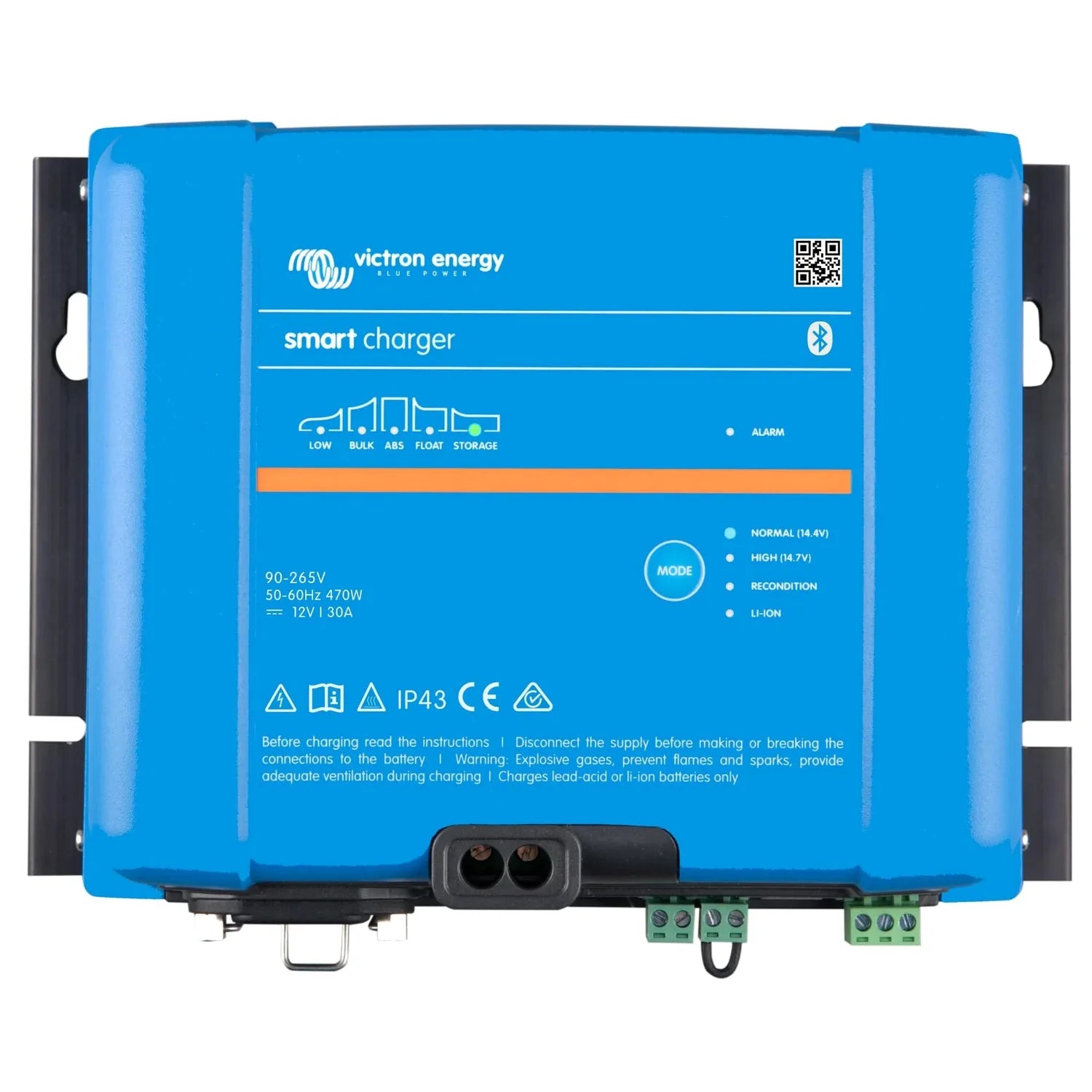 Victron Energy smart charger with blue casing, showing specifications, mode button, indicator lights, and terminal connection