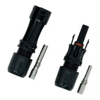 Disassembled MC4 solar connector pair showing male and female components with metal pins and black housing on white backgroun