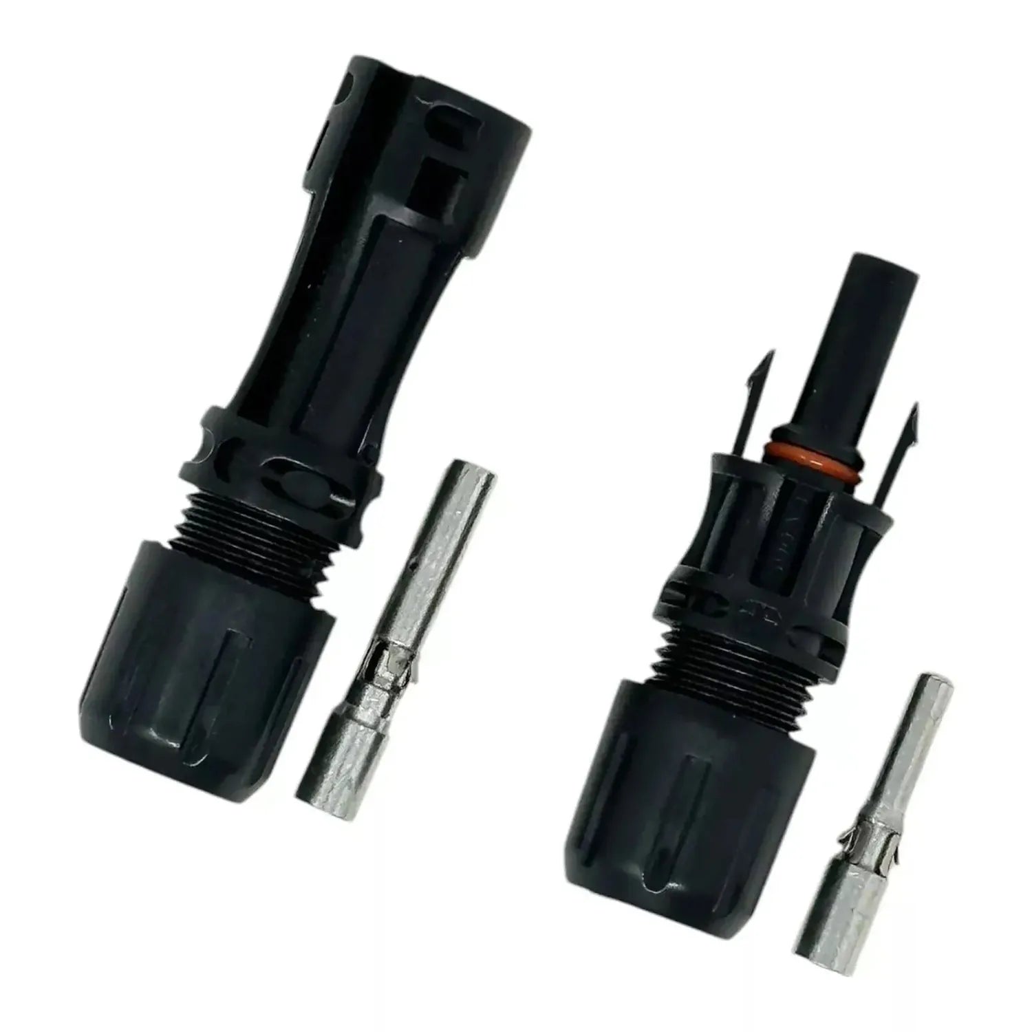 Disassembled MC4 solar connector pair showing male and female components with metal pins and black housing on white backgroun