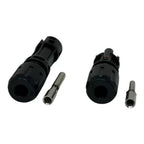 Two black MC4-compatible solar connectors with metal pins displayed next to their components against white background.