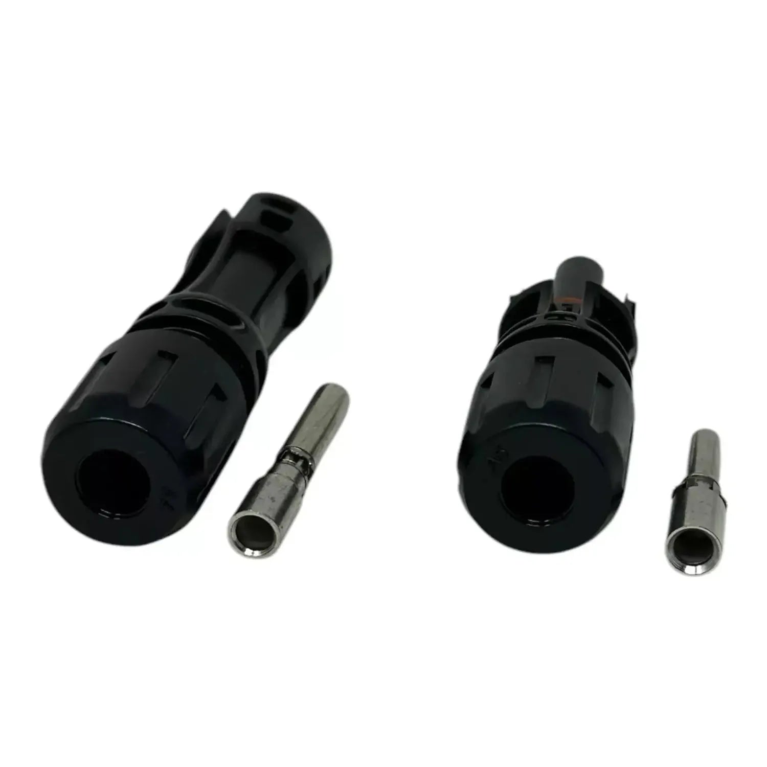 Two black MC4-compatible solar connectors with metal pins displayed next to their components against white background.