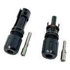 Two black MC4-compatible solar connectors with metal pins displayed side by side against white background.