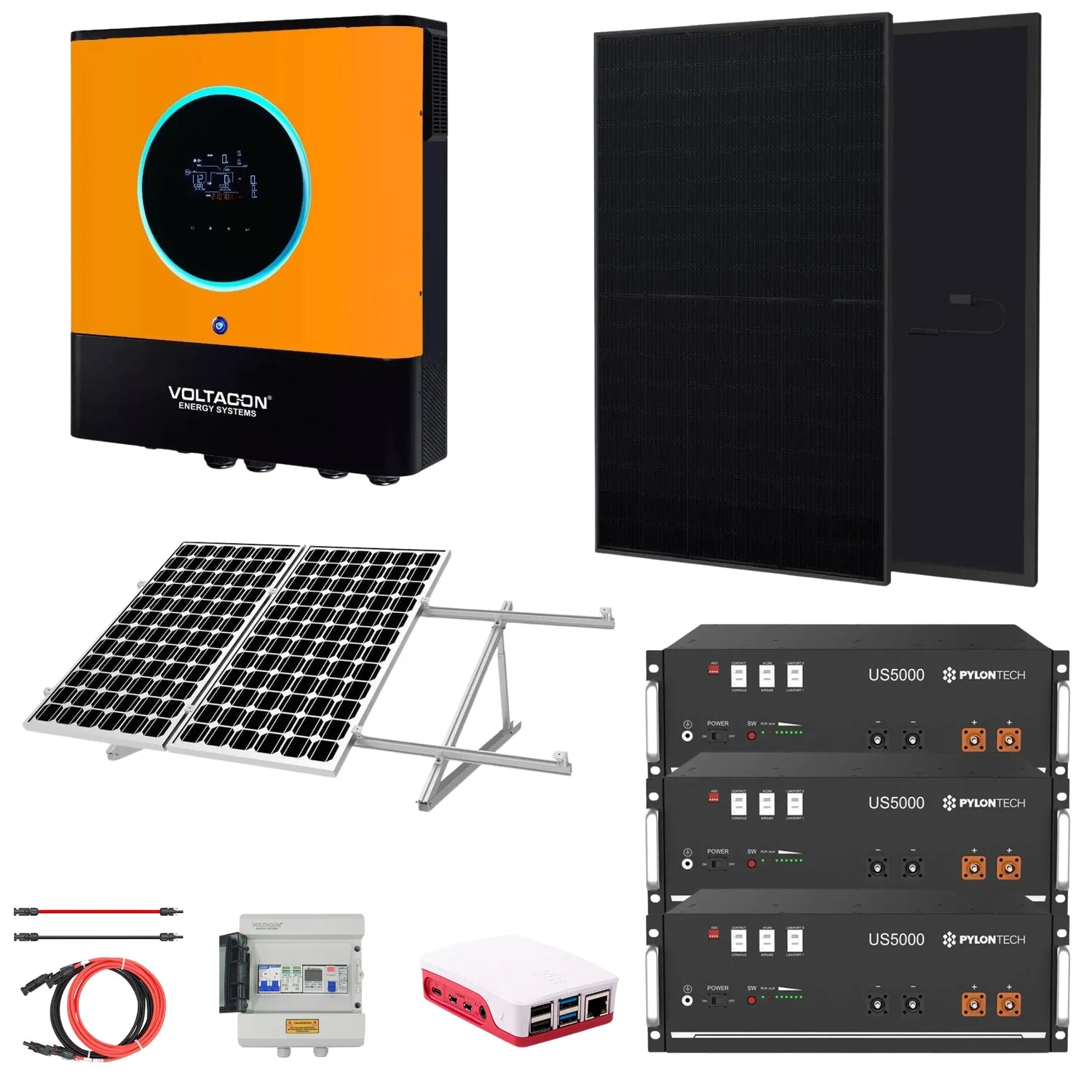 Complete 11kW off-grid solar system with orange Voltacon inverter, two black solar panels on mount, three Pylon battery units