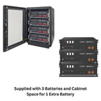 Pylon Tech US5000 battery system showing open cabinet with 4 units and 3 stacked rackmount units, supplied with 3 batteries a