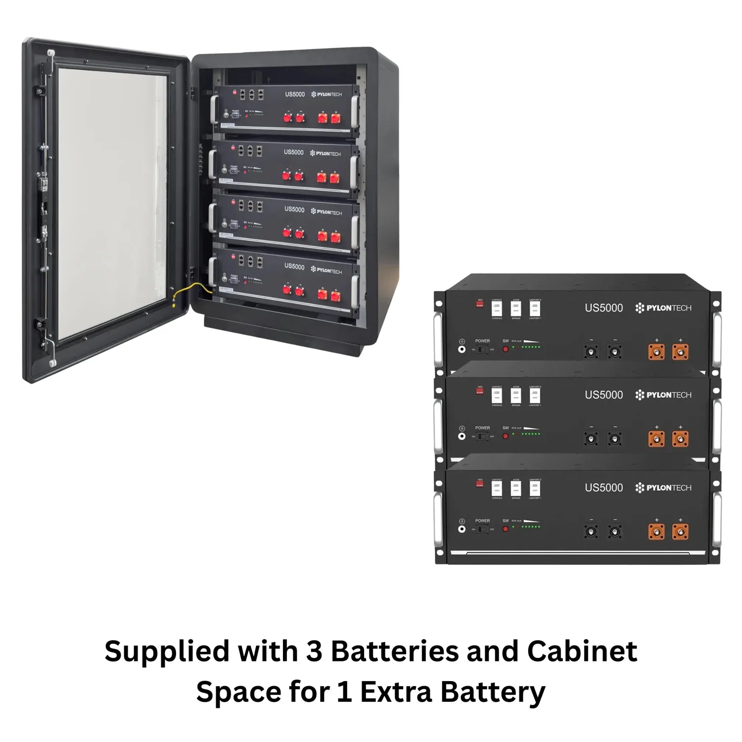 Pylon Tech US5000 battery system showing open cabinet with 4 units and 3 stacked rackmount units, supplied with 3 batteries a