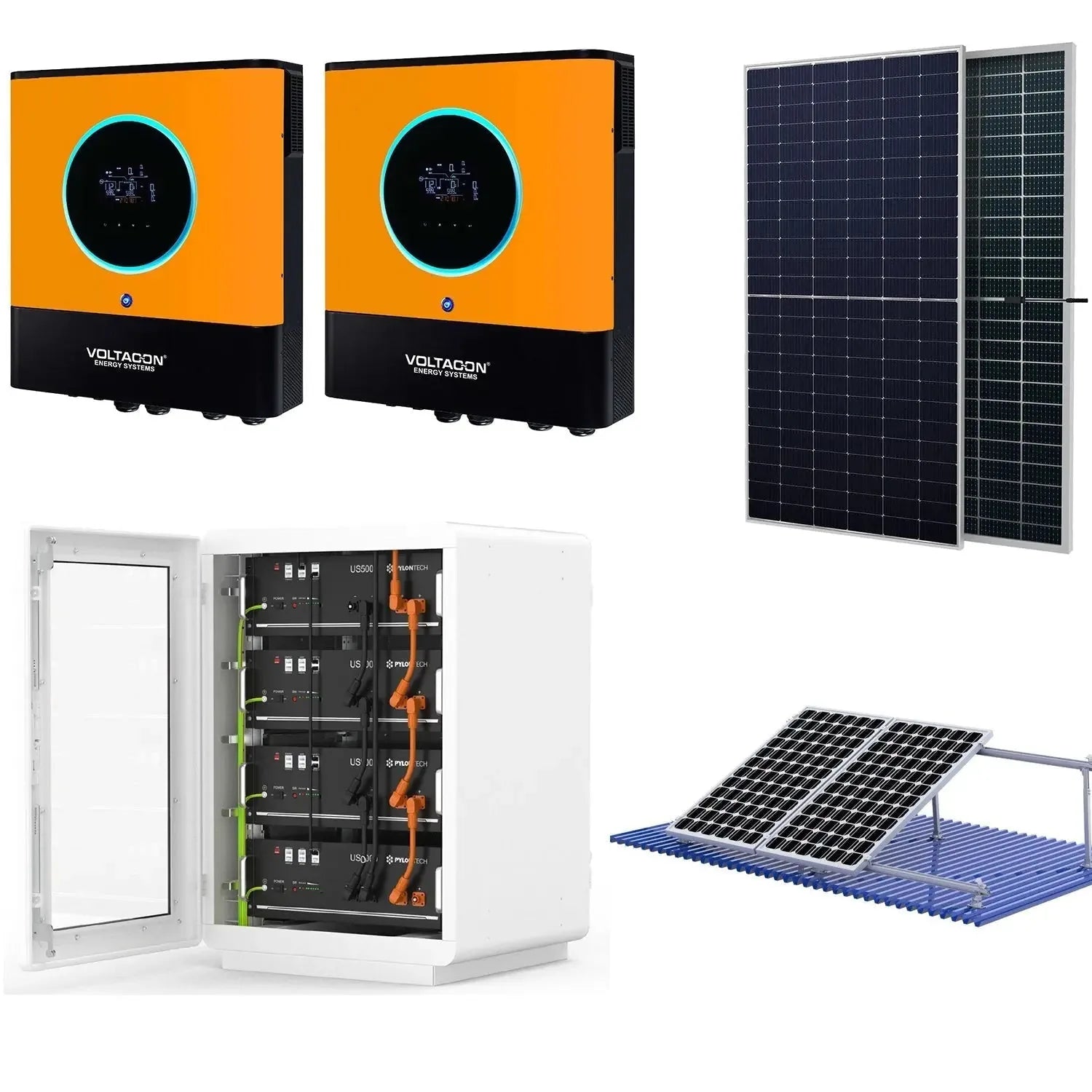 Complete 16kW off-grid solar system with orange Voltacon inverters, solar panels, Pylontech battery storage cabinet, and blue