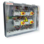 Voltagon PV Combiner Box with multiple circuit breakers, disconnect switches, and colored wiring for solar energy systems ins