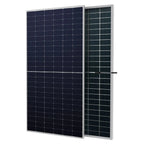 Two solar panels displayed at an angle: a dark blue monocrystalline panel on the left and a darker green panel on the right, 