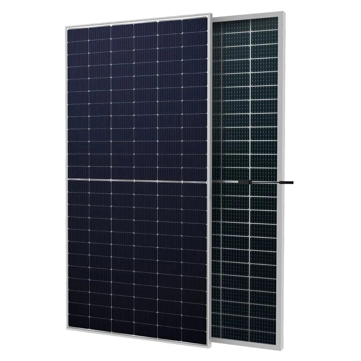 Two solar panels displayed at an angle: a dark blue monocrystalline panel on the left and a darker green panel on the right, 
