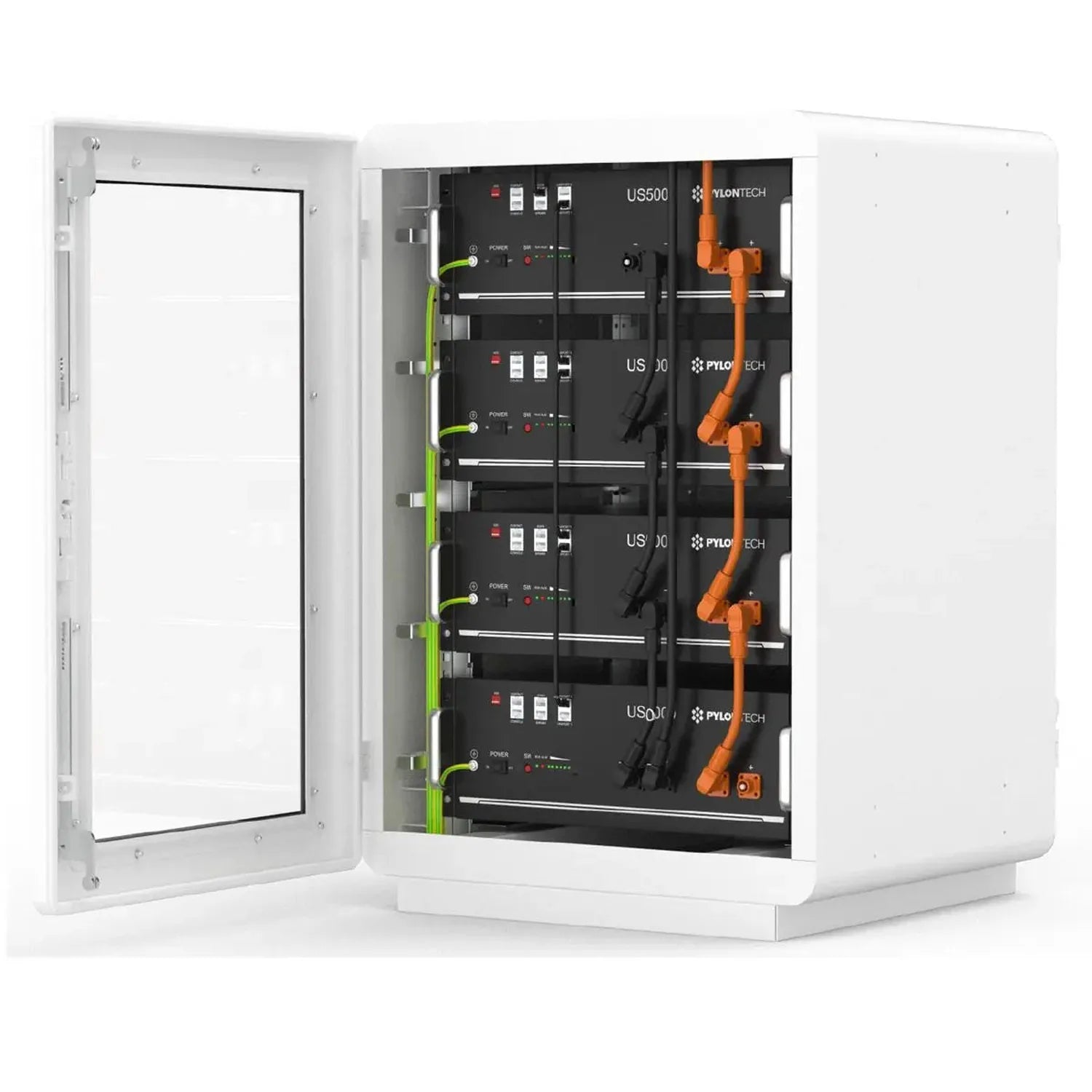 White cabinet with open door revealing stacked black Pylontech US500 battery modules with green and orange cables, product di
