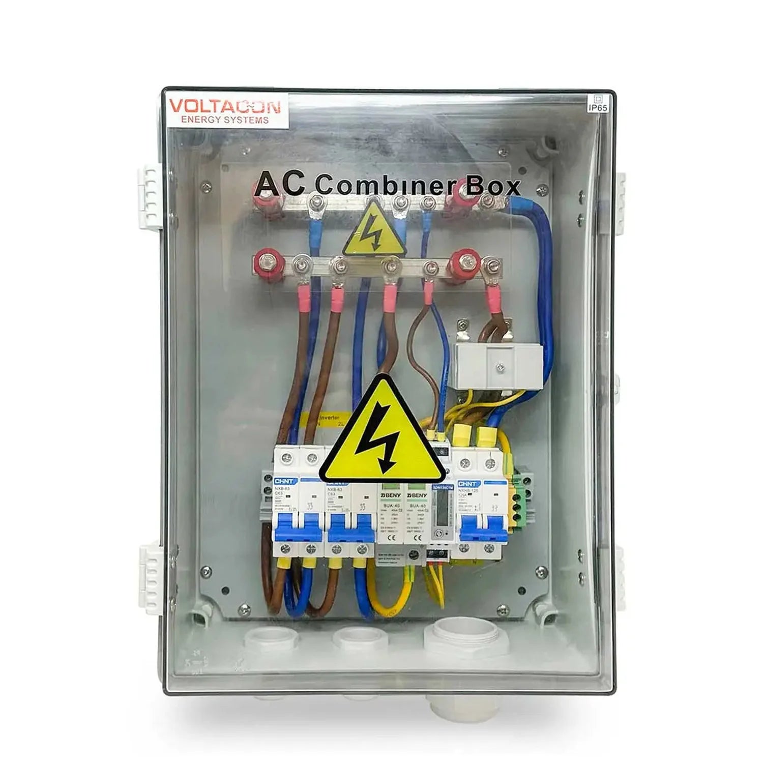 Voltacom Energy Systems AC Combiner Box with electrical components, circuit breakers, and high-voltage warning labels inside 