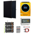 Off-grid solar kit components: two black solar panels, yellow Voltacon inverter, three stacked battery units, white circuit b