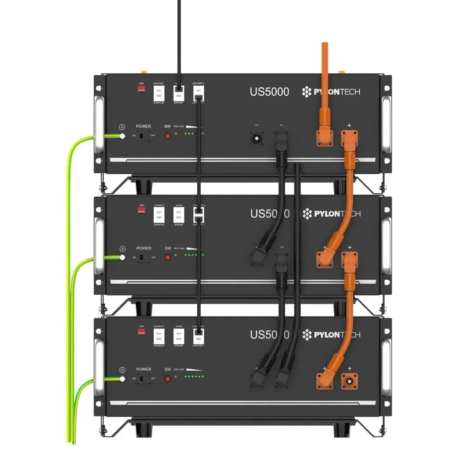 Stacked rack system showing three US5000 battery units with orange cables and green power cords connected vertically.