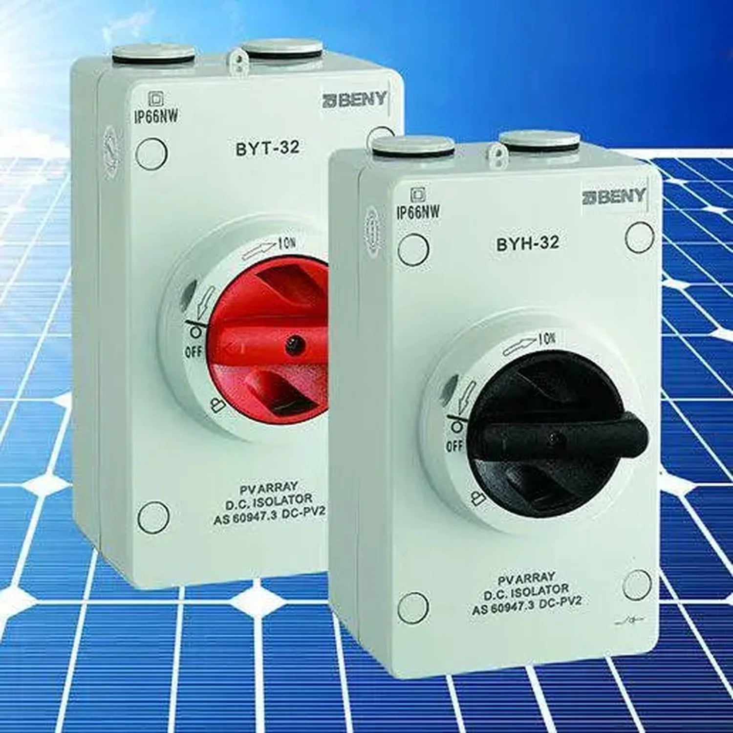 Two white BENY solar DC isolator switches with red and black handles against blue solar panel background.