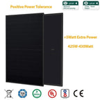 Two black solar panels with positive power tolerance of 425-430 watts, featuring certification badges including TUV, DEKRA, U