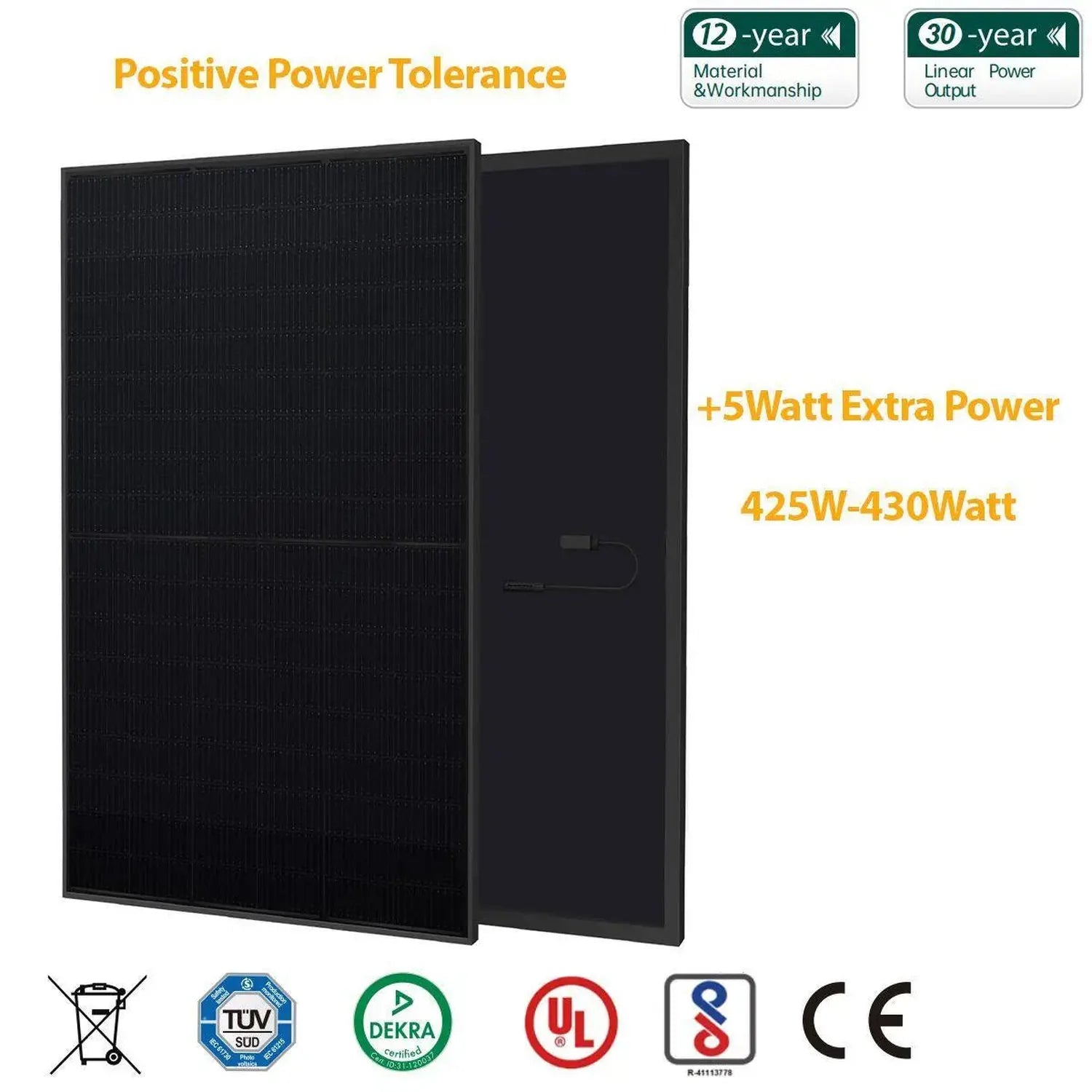 Two black solar panels with positive power tolerance of 425-430 watts, featuring certification badges including TUV, DEKRA, U