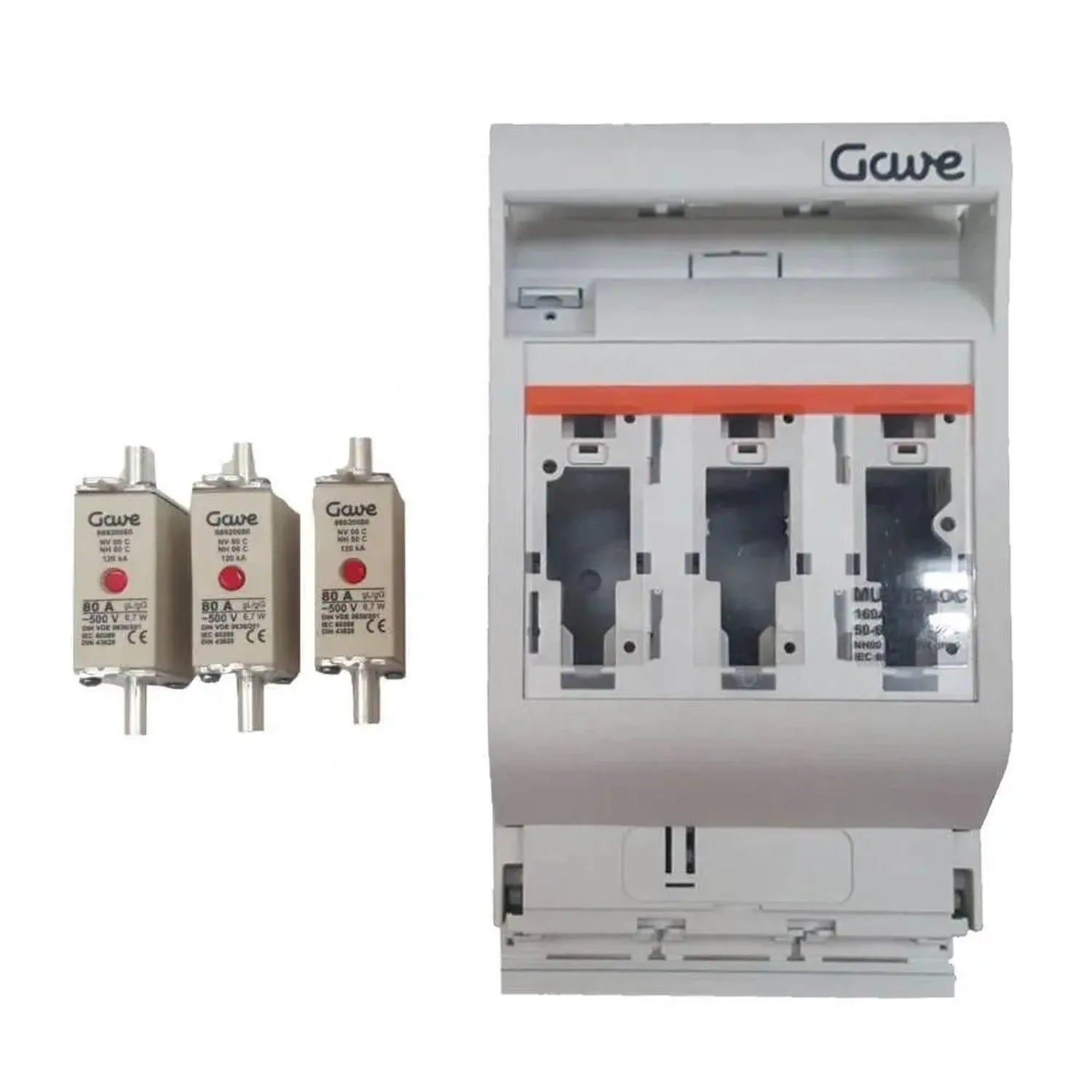 Gawé electrical enclosure with three-pole circuit breaker and three matching fused disconnectors displayed separately.