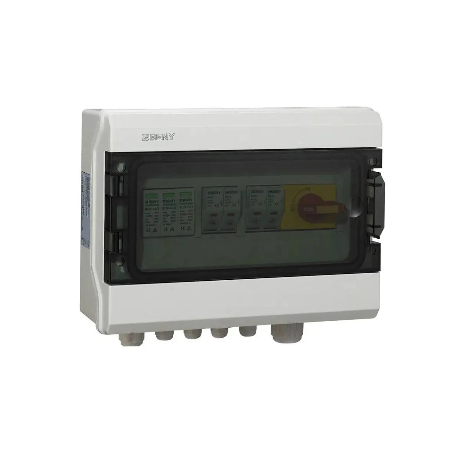 EBENY white weatherproof electrical enclosure with black interior panel containing circuit breakers and red isolation switch.