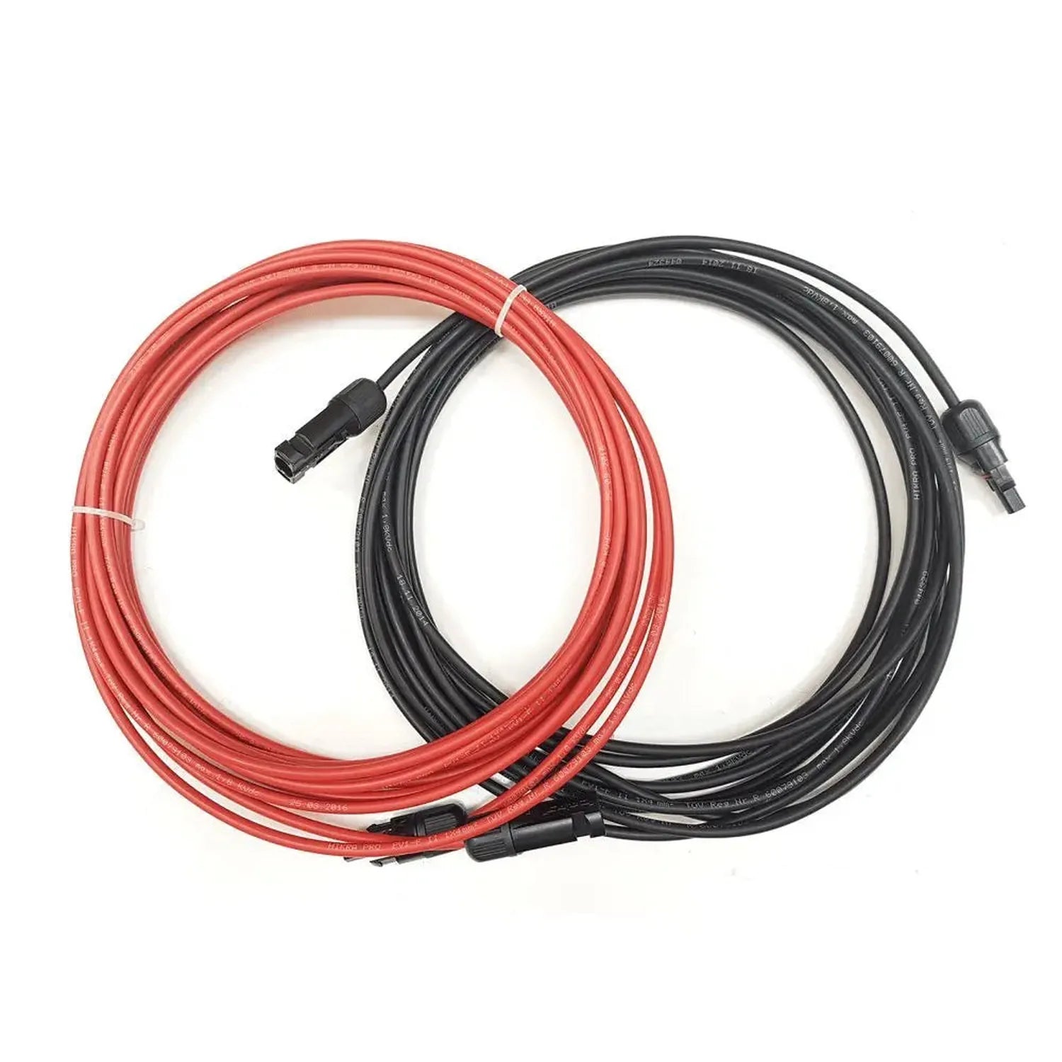 Pair of red and black solar extension cables with MC4 connectors coiled together on white background.