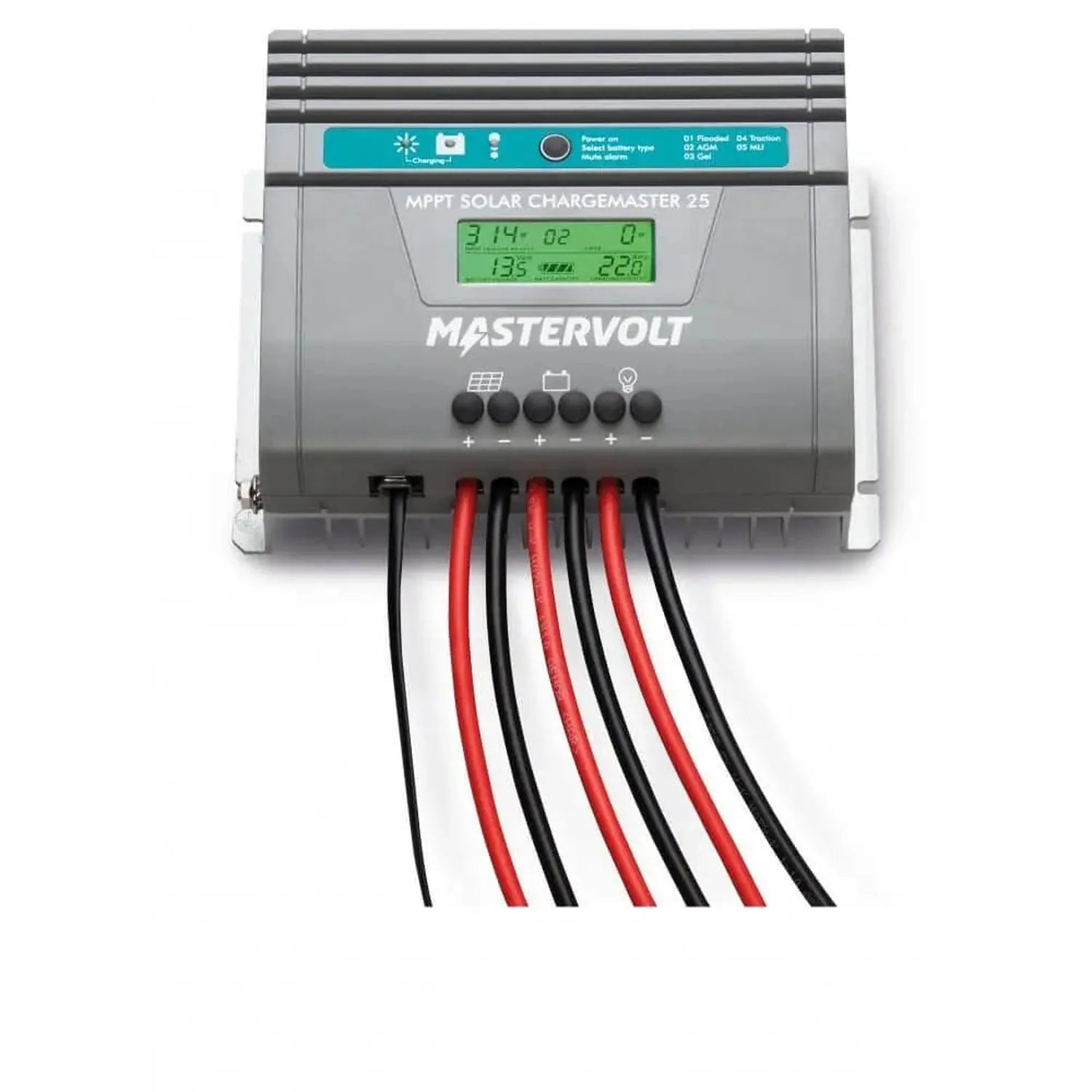 Mastervolt MPPT Solar Chargemaster 25 controller with green display screen, control buttons, and six colored cable connectors