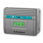 Mastervolt MPPT Solar ChargeMaster 25 controller with gray housing, turquoise control panel, and green display screen showing