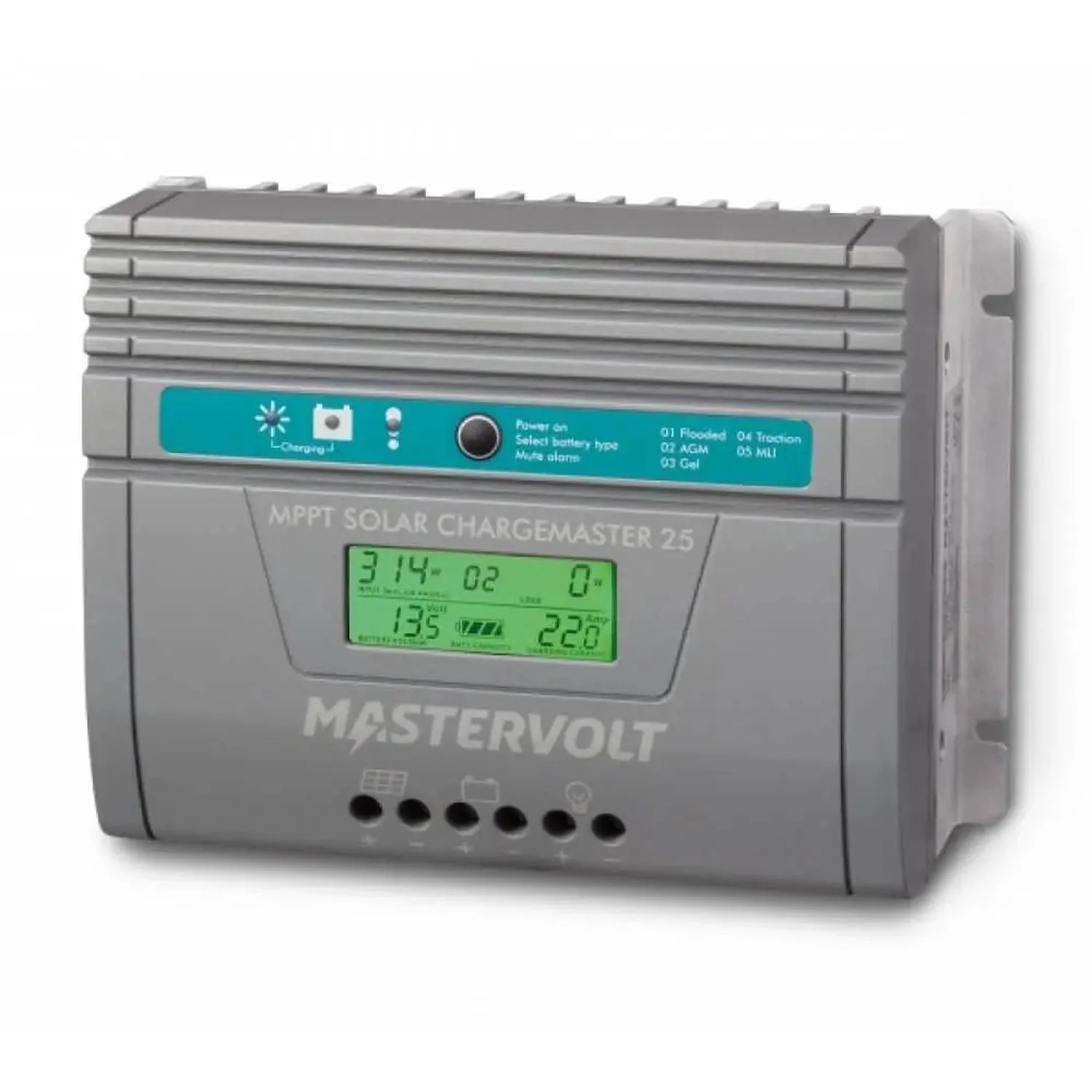 Mastervolt MPPT Solar ChargeMaster 25 controller with gray housing, turquoise control panel, and green display screen showing
