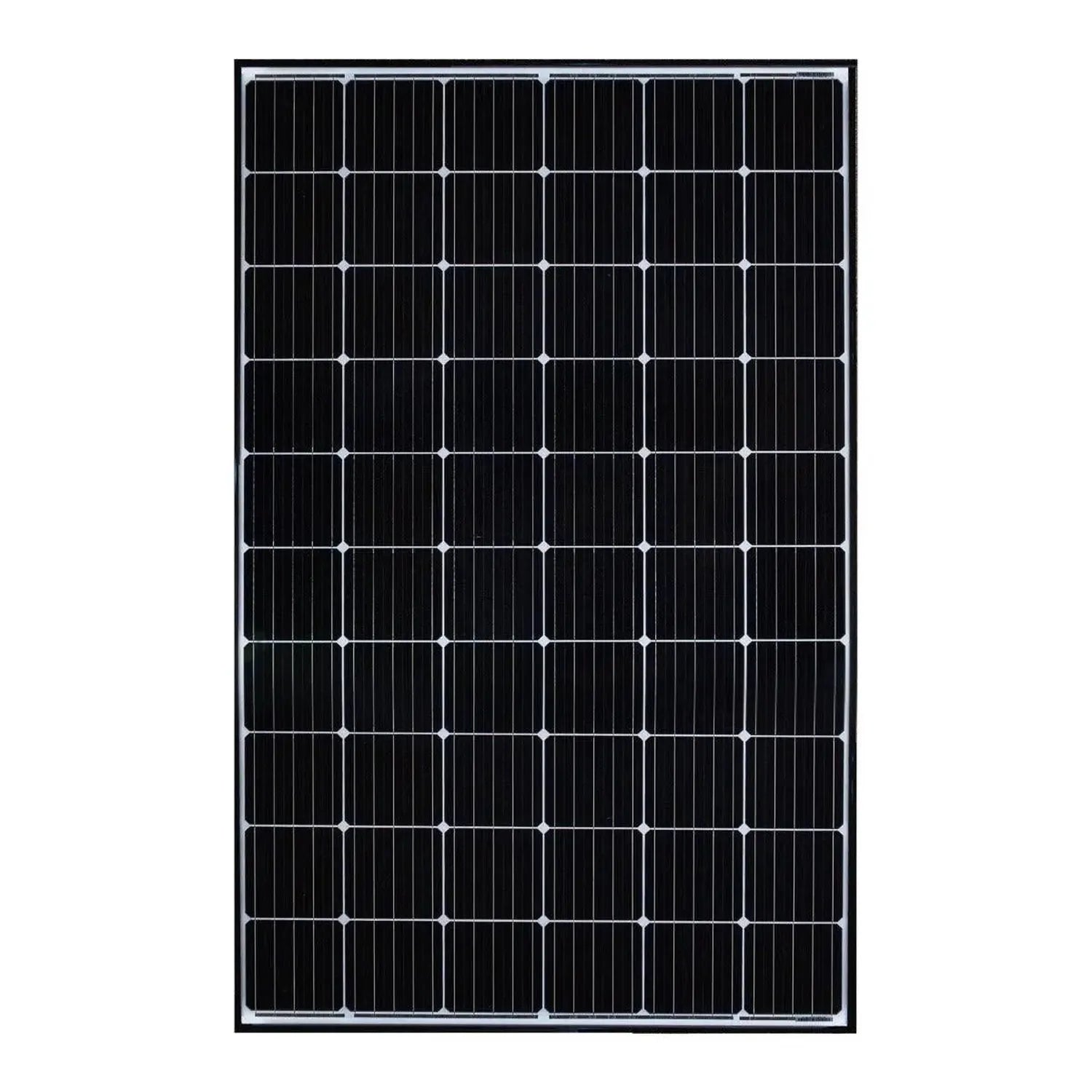 Rectangular solar panel with 60 photovoltaic cells arranged in a 6-by-10 grid, featuring white gridlines and a black frame.