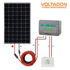 Voltacon 430W solar panel kit diagram showing black solar panel, Mastervolt charge controller, red and black cables, and whit
