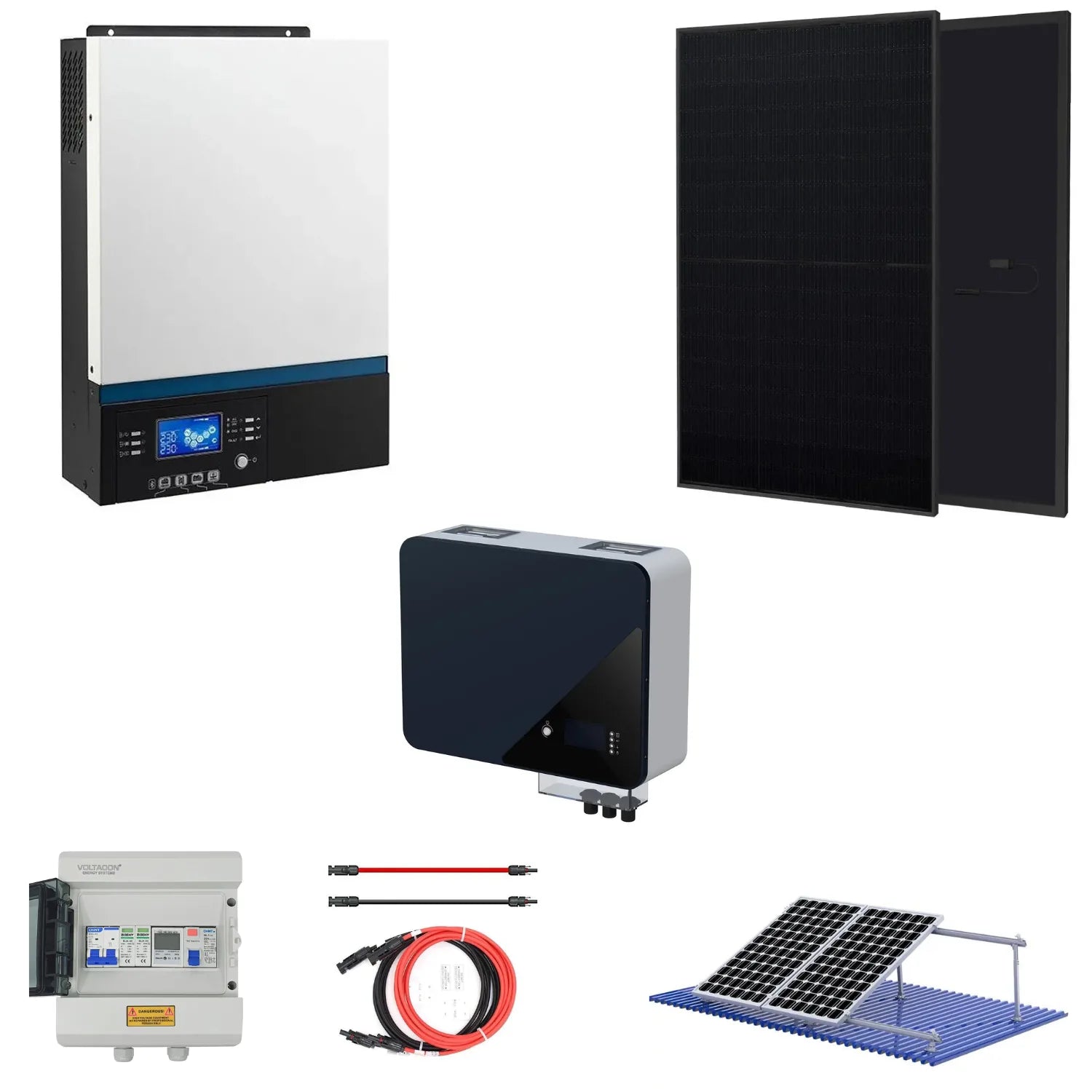 Complete 1500W off-grid solar system kit with inverter, panels, battery, charge controller, wiring and mounting hardware disp