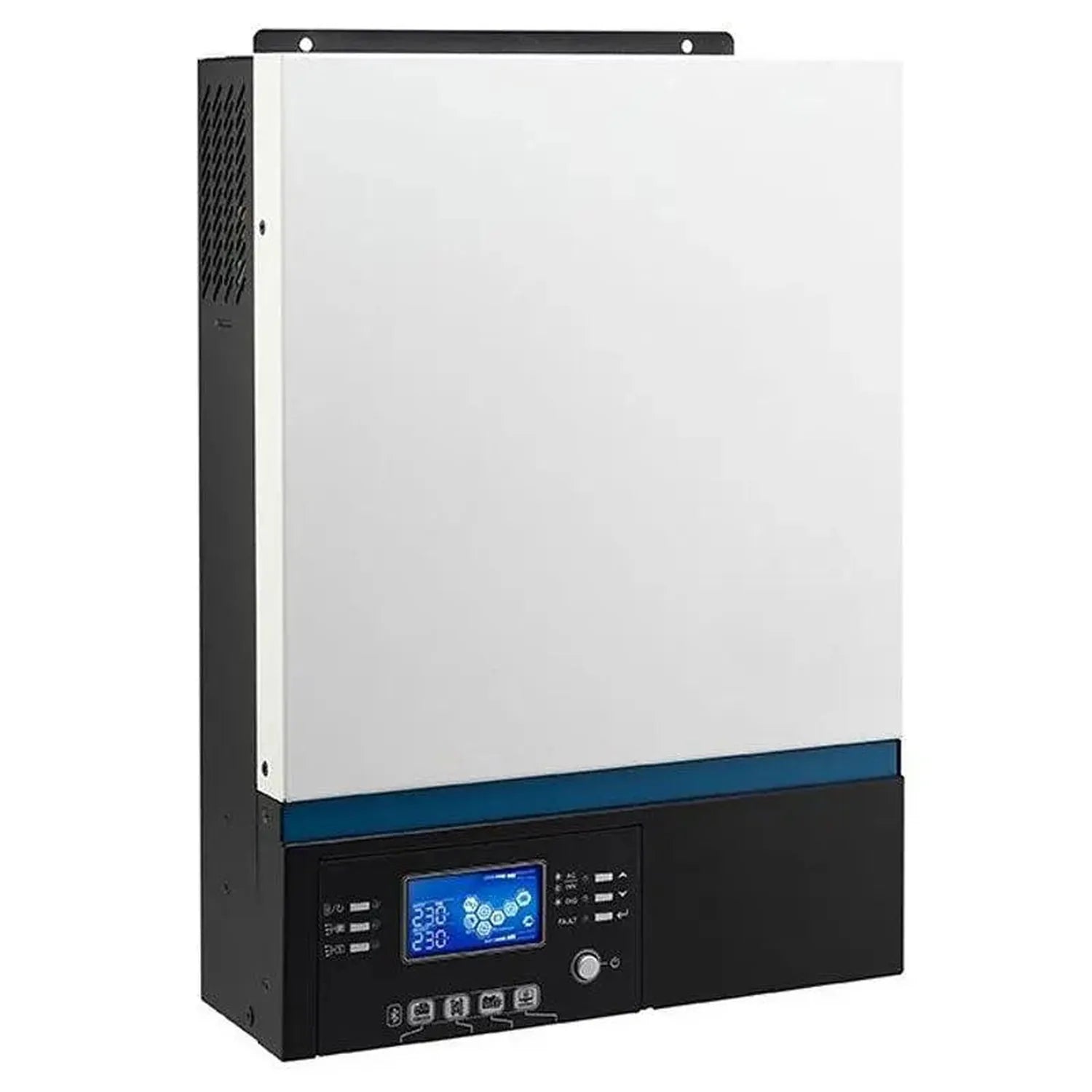 Wall-mounted hybrid solar inverter with white upper panel, black lower control section, blue accent bar, and digital display 